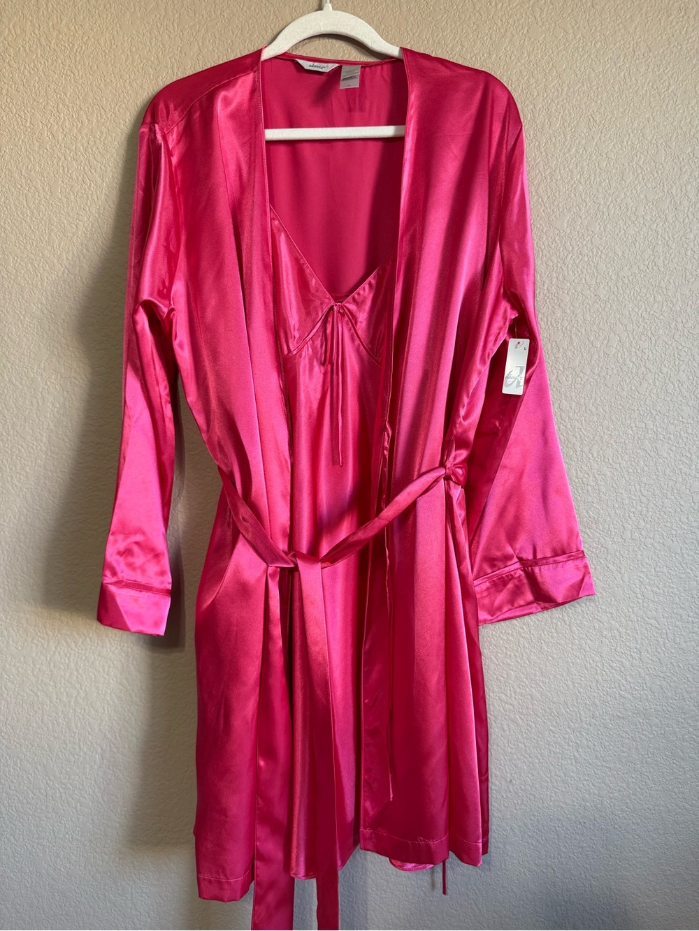 Adonna NWT Vintage Women's Satin Robe Slip Dress Set Hot Pink Babydoll Tie Sz L